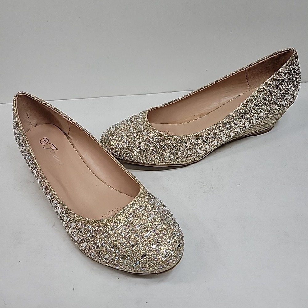 Forever Size 8 Gold Rhinestone Flats Pointed Toe Sparkly Dress Shoes Fairycore